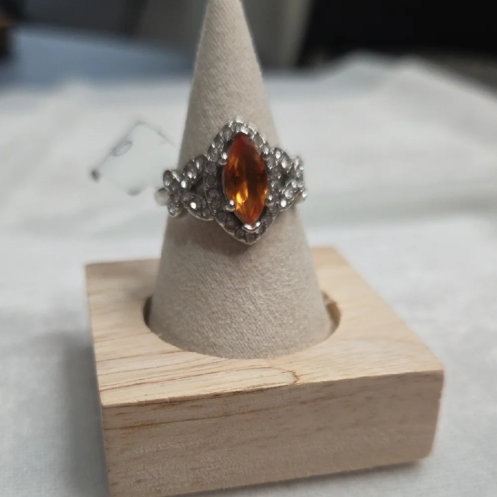Orange Marquis Shaped Stone Fashion Ring Silver Tone Band Elegant Rhinestone